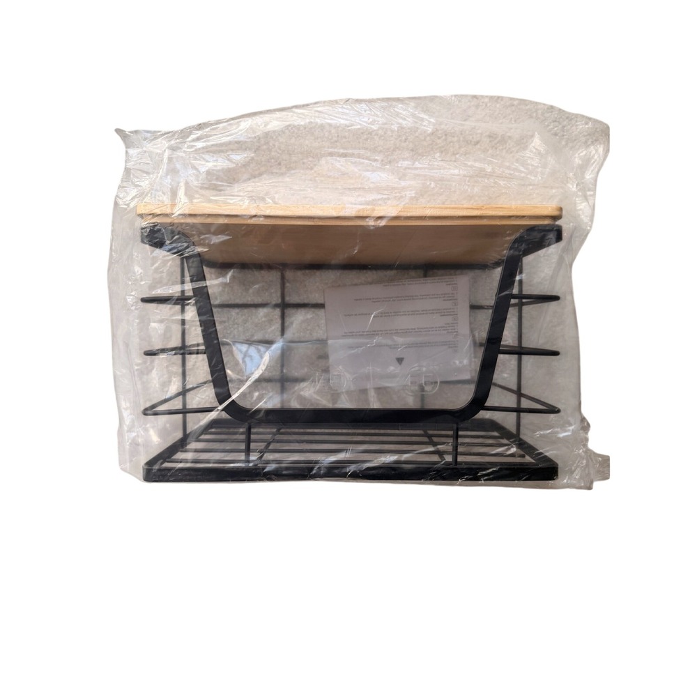 Black Metal Wire Wall Mounted Storage Basket with Bamboo Wood Top Lid New